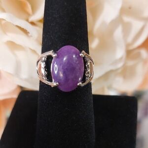 Amethyst Glass Stone Silver Ring - Size 6 3/4